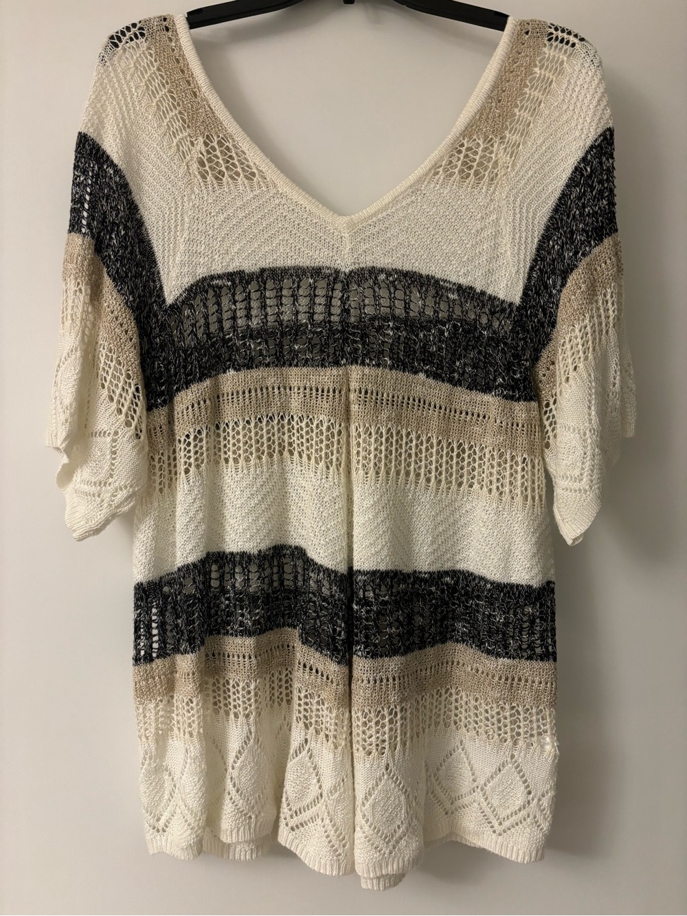 V-Neck Open Knit Striped Short Sleeve Sweater, size XL